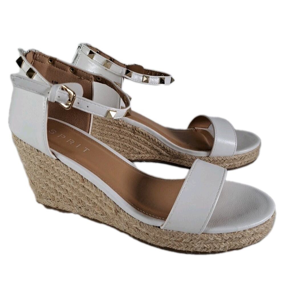 Esprit Espadrille Wedge Sandals Womens 8.5 White Studded Ankle Strap Back Zipper